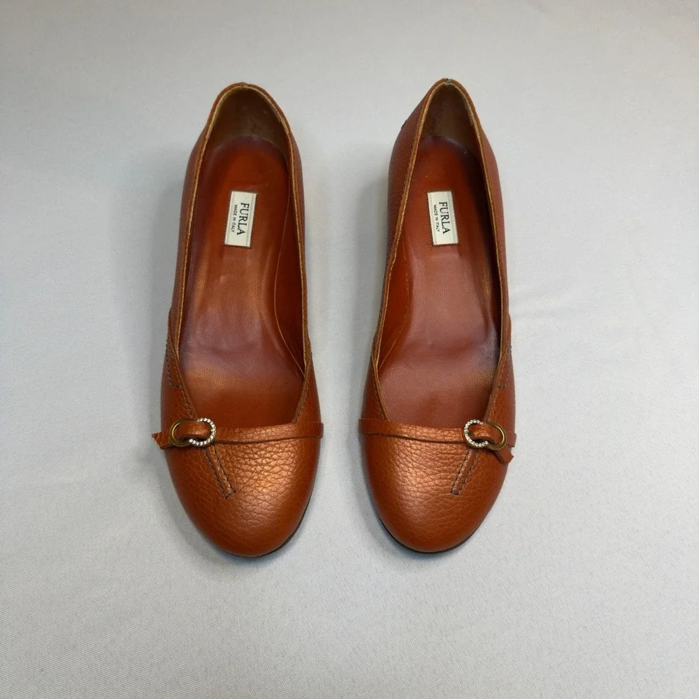 Furla Cognac Leather Knot Detail Low Heel Pumps